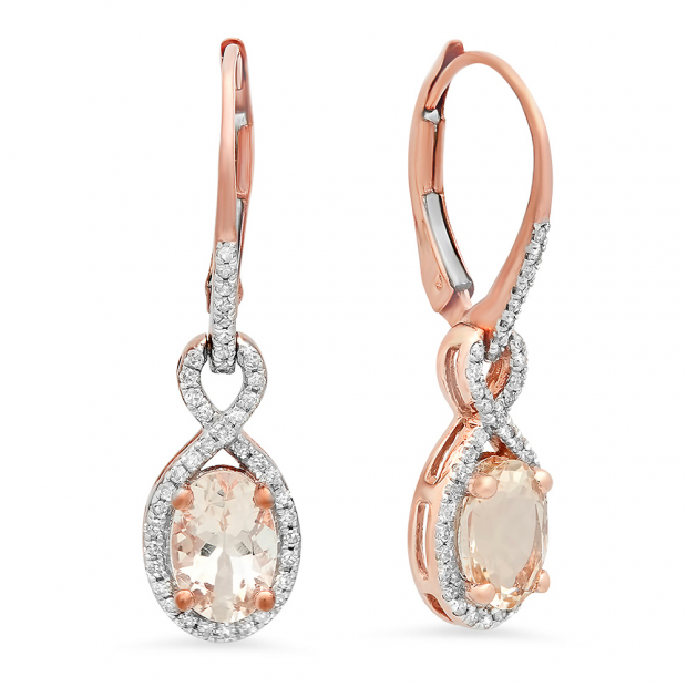 1.65 Carat (Ctw) 14K Rose Gold Oval Morganite & Round White Diamond Ladies Infinity Dangling Drop Earrings