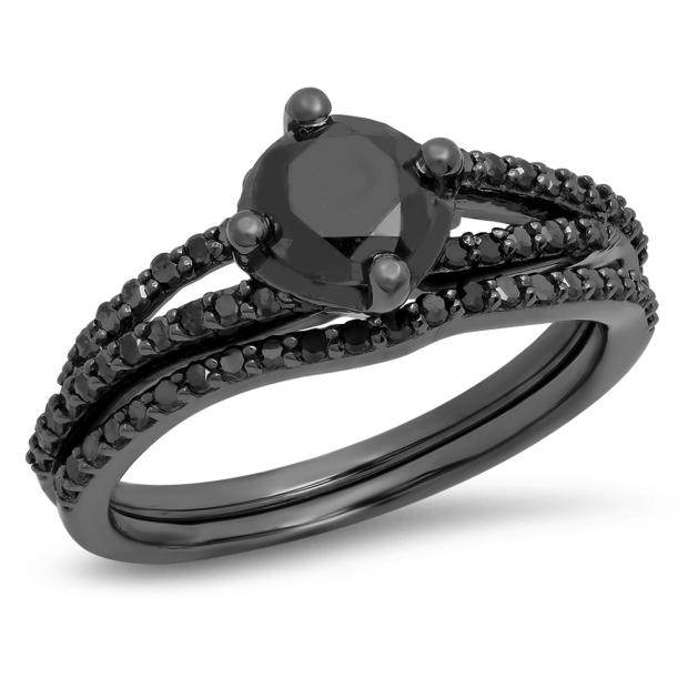 1.35 Carat (Ctw) Black Rhodium Plated Sterling Silver Round Black Diamond Ladies Split Shank Bridal Engagement Ring Set With Matching Band