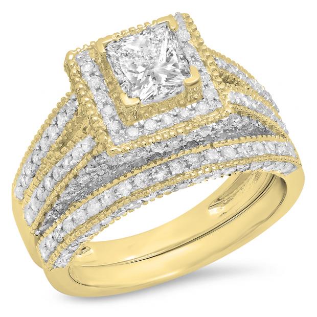2.00 Carat (Ctw) 10K Yellow Gold Princess & Round Cut White Diamond Ladies Split Shank Vintage Style Bridal Engagement Ring With Matching Band Set