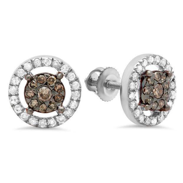 0.50 Carat (Ctw) 14K White Gold Round Champagne & White Diamond Ladies Cluster Style Stud Earrings 1/2 CT