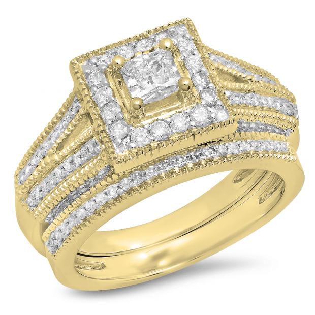 0.95 Carat (Ctw) 14K Yellow Gold Princess & Round Cut White Diamond Ladies Split Shank Milgrain Bridal Engagement Ring With Matching Band Set