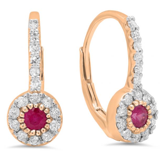 0.55 Carat (Ctw) 14K Rose Gold Round Cut Ruby & White Diamond Ladies Cluster Halo Style Dangling Drop Earrings