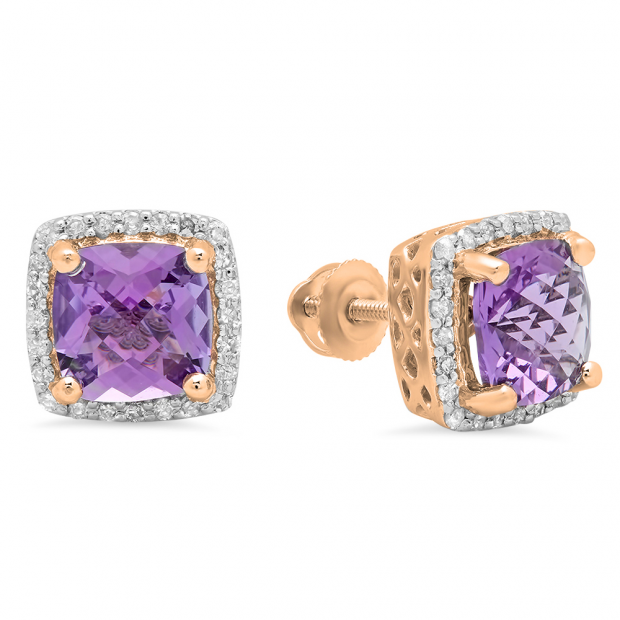 2.80 Carat (ctw) 10K Rose Gold Cushion Cut Amethyst & Round Cut White Diamond Ladies Square Frame Halo Stud Earrings