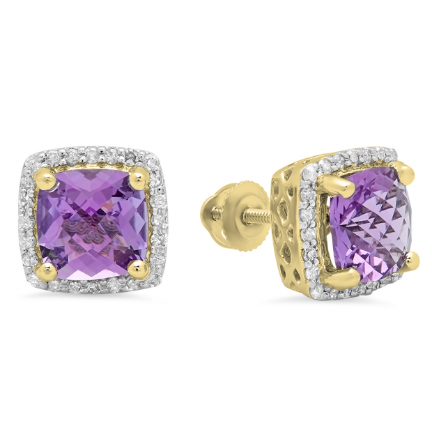 2.80 Carat (ctw) 14K Yellow Gold Cushion Cut Amethyst & Round Cut White Diamond Ladies Square Frame Halo Stud Earrings
