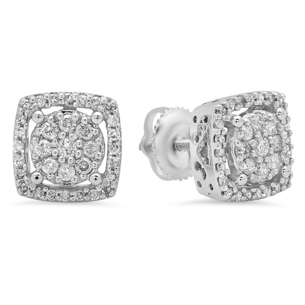 0.50 Carat (Ctw) 10K White Gold Real Round Cut White Diamond Ladies Cluster Stud Earrings 1/2 CT
