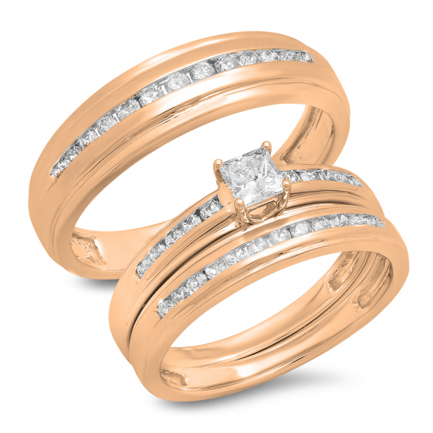 0.85 Carat (Ctw) 10K Rose Gold Princess & Round Cut White Diamond Men & Women