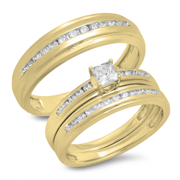 0.85 Carat (Ctw) 14K Yellow Gold Princess & Round Cut White Diamond Men & Women