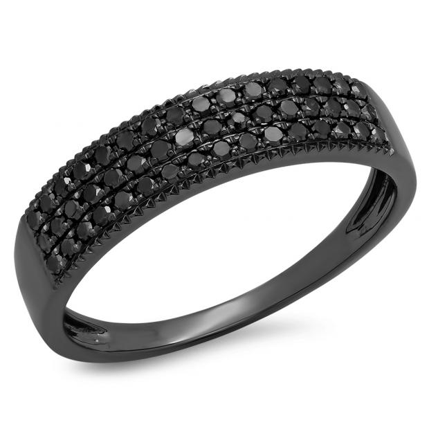 0.55 Carat (Ctw) Black Rhodium Plated 10K White Gold Round Black Diamond Ladies Anniversary Wedding Band 1/3 CT