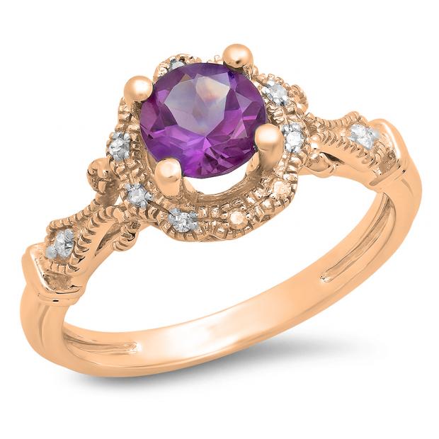 0.80 Carat (Ctw) 10K Rose Gold Round Cut Amethyst & White Diamond Ladies Bridal Halo Vintage Style Engagement Ring