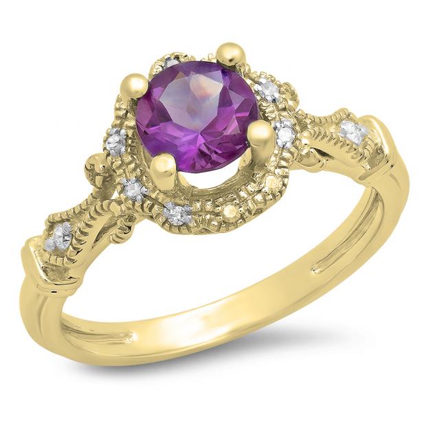0.80 Carat (Ctw) 10K Yellow Gold Round Cut Amethyst & White Diamond Ladies Bridal Halo Vintage Style Engagement Ring