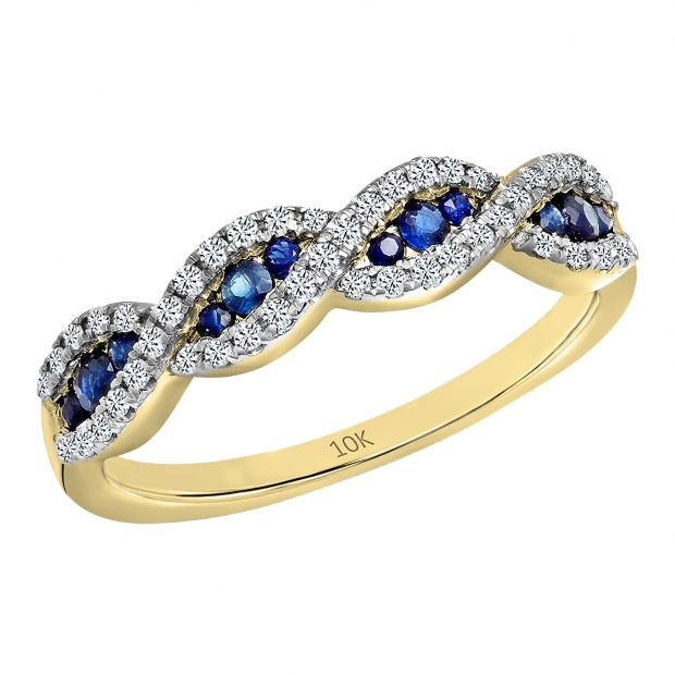 0.35 Carat (Ctw) 10K Yellow Gold Round Blue Sapphire & White Diamond Ladies Bridal Stackable Anniversary Wedding Band Swirl Ring