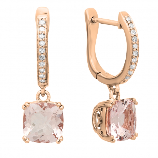 2.55 Carat (Ctw) 14K Rose Gold Cushion Morganite & Round White Diamond Ladies Dangling Drop Earrings
