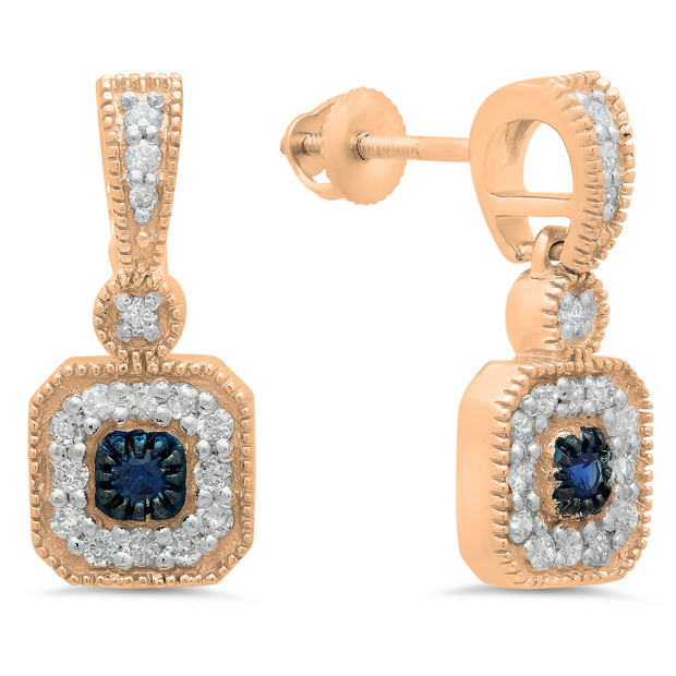 0.60 Carat (ctw) 10K Rose Gold Round Blue Sapphire & White Diamond Ladies Cluster Flower Dangling Drop Earrings