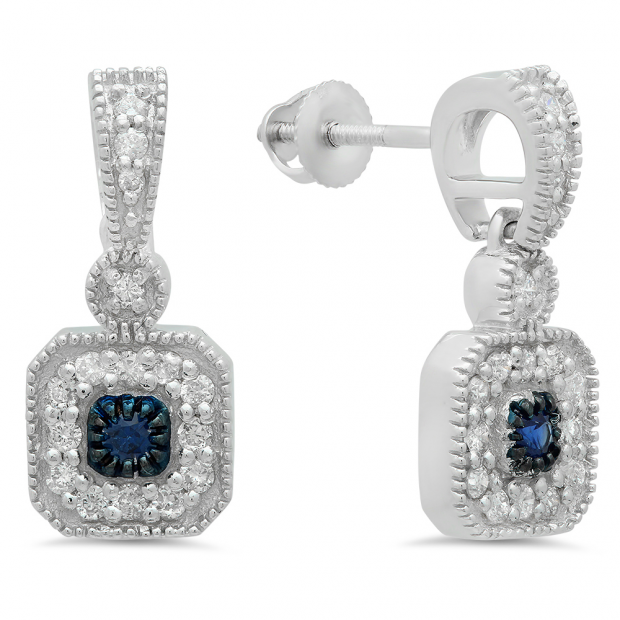0.60 Carat (ctw) 18K White Gold Round Blue Sapphire & White Diamond Ladies Cluster Flower Dangling Drop Earrings