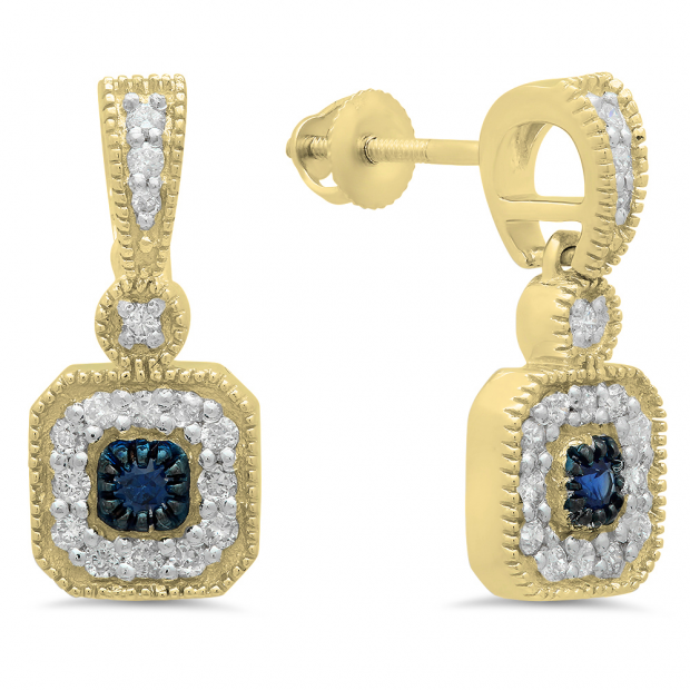 0.60 Carat (ctw) 18K Yellow Gold Round Blue Sapphire & White Diamond Ladies Cluster Flower Dangling Drop Earrings