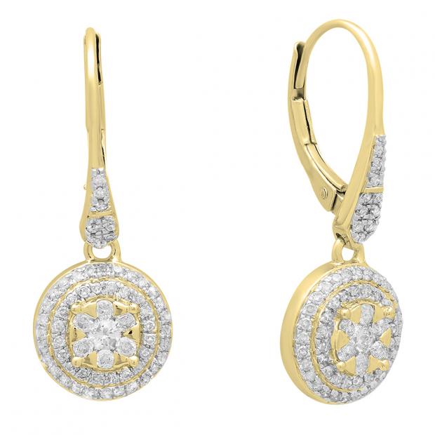 0.70 Carat (ctw) 14K Yellow Gold Round White Diamond Ladies Cluster Flower Shaped Drop Earrings