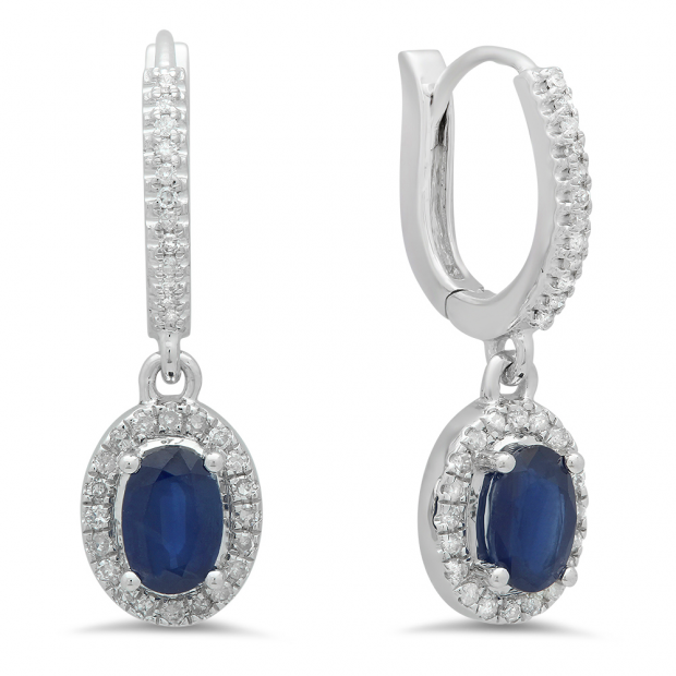 1.70 Carat (ctw) 10K White Gold Oval Cut Blue Sapphire & Round Cut White Diamond Ladies Halo Style Dangling Drop Earrings