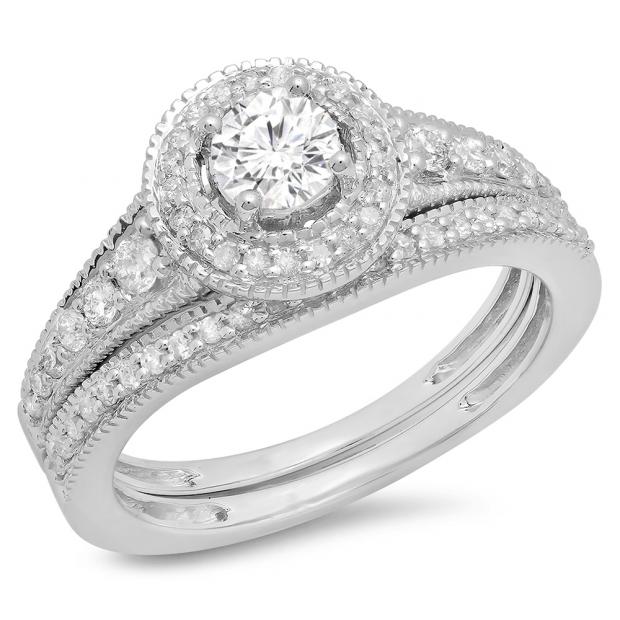0.85 Carat (ctw) 10K White Gold Round Diamond Ladies Halo Style Bridal Engagement Ring With Matching Band Set