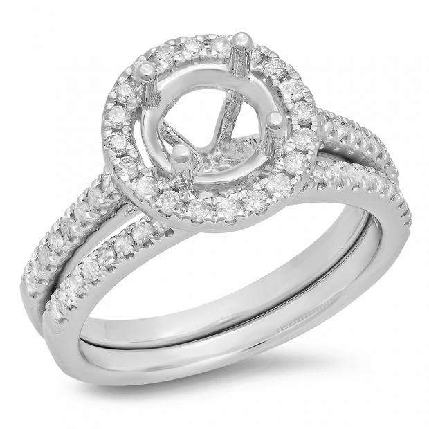 0.50 Carat (ctw) 14K White Gold Round Diamond Ladies Halo Style Bridal Semi Mount Engagement Ring With Matching Band Set 1/2 CT (No Center Stone)