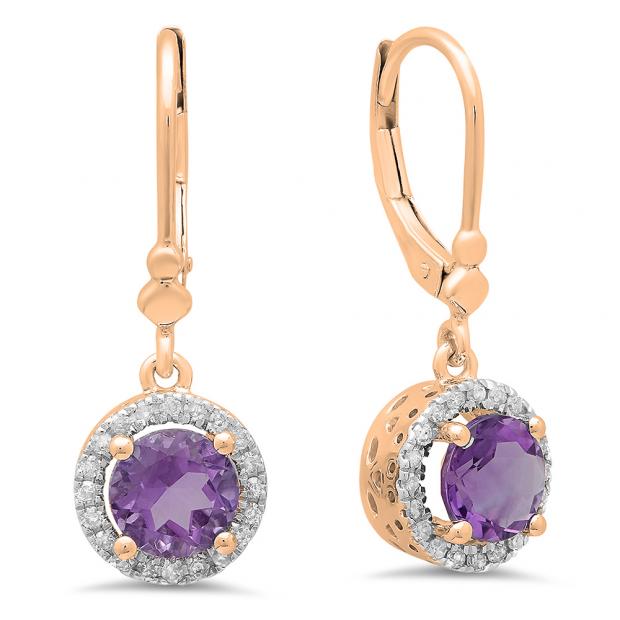 1.90 Carat (ctw) 10K Rose Gold Round Amethyst & White Diamond Ladies Halo Style Dangling Drop Earrings