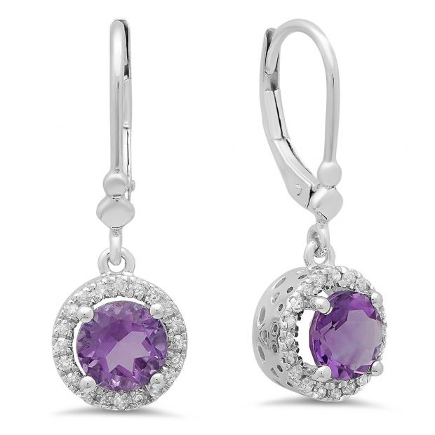 1.90 Carat (ctw) 14K White Gold Round Amethyst & White Diamond Ladies Halo Style Dangling Drop Earrings