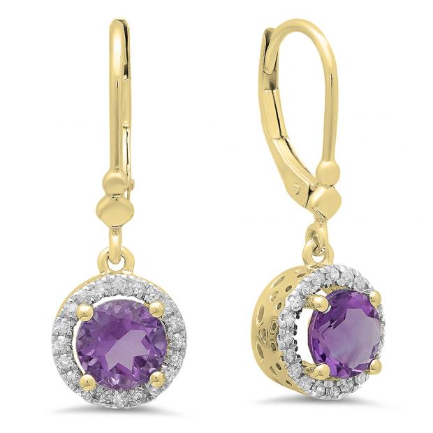 1.90 Carat (ctw) 18K Yellow Gold Round Amethyst & White Diamond Ladies Halo Style Dangling Drop Earrings