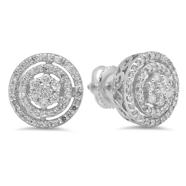 0.60 Carat (ctw) 14K White Gold White Diamond Ladies Cluster Flower Stud Earrings 1/2 CT