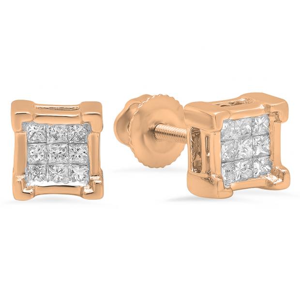 0.25 Carat (ctw) 10K Rose Gold Princess Cut White Diamond Ladies Square Shape Stud Earrings 1/4 CT