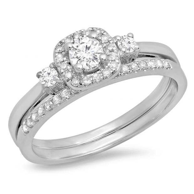 0.45 Carat (Ctw) 10K White Gold Round White Diamond Ladies 3 Stone Halo Bridal Engagement Ring With Matching Band Set