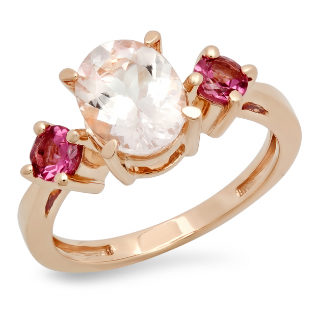 2.1 Carat (Ctw) 10K Rose Gold Oval Cut Morganite & Round Cut Pink Tourmaline Ladies Bridal 3 Stone Engagement Ring