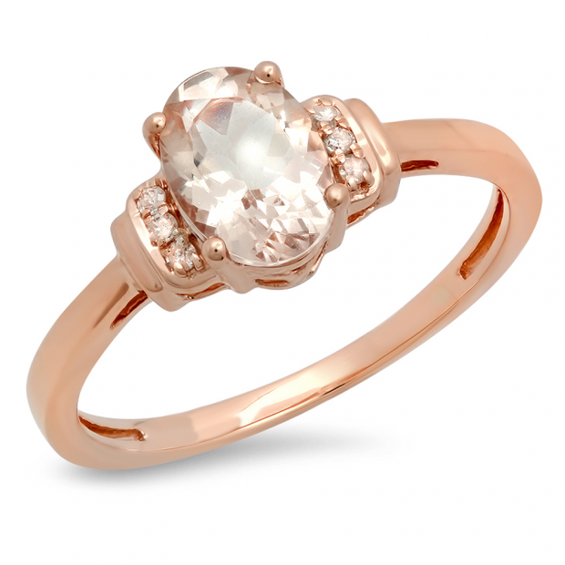 1.10 Carat (ctw) 14K Rose Gold Oval Cut Morganite & Round Cut White Diamond Ladies Bridal Promise Engagement Ring