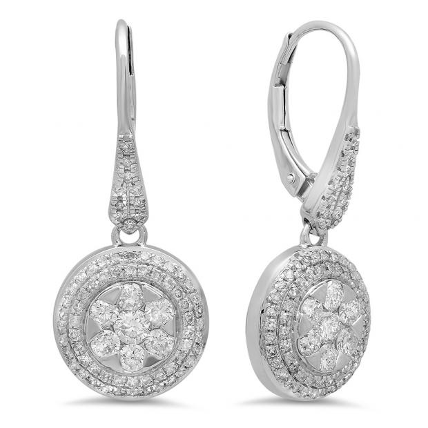 1.30 Carat (ctw) 14K White Gold Round Cut White Diamond Ladies Cluster Style Drop Earrings
