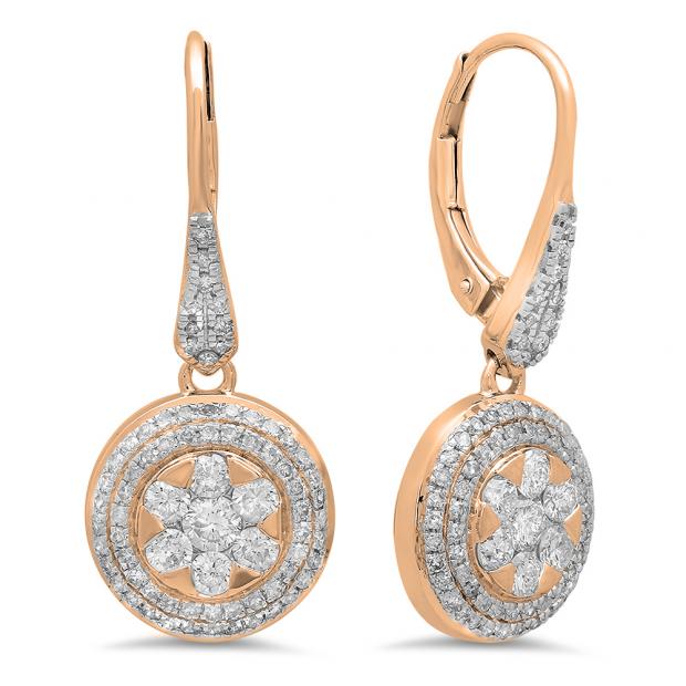 1.30 Carat (ctw) 18K Rose Gold Round Cut White Diamond Ladies Cluster Style Drop Earrings