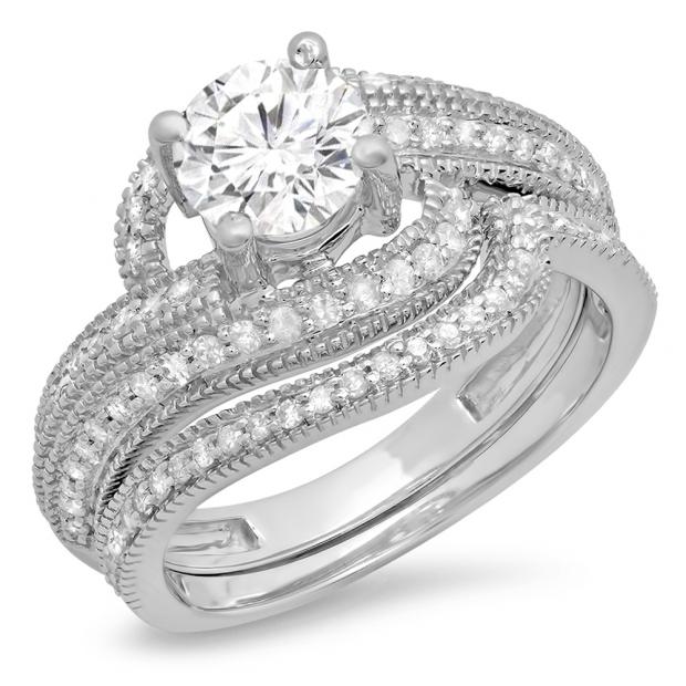 1.50 Carat (Ctw) 10K White Gold Round Cut Diamond Ladies Twisted Bridal Engagement Ring With Matching Band Set 1 1/2 CT