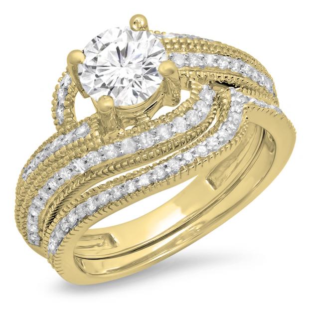 1.50 Carat (Ctw) 18K Yellow Gold Round Cut Diamond Ladies Twisted Bridal Engagement Ring With Matching Band Set 1 1/2 CT