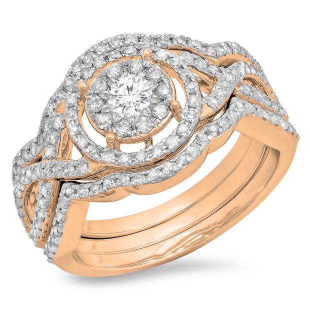 0.90 Carat (Ctw) 10K Rose Gold Round Cut White Diamond Ladies Swirl Bridal Split Shank Halo Engagement Ring With Matching Band Set 1 CT