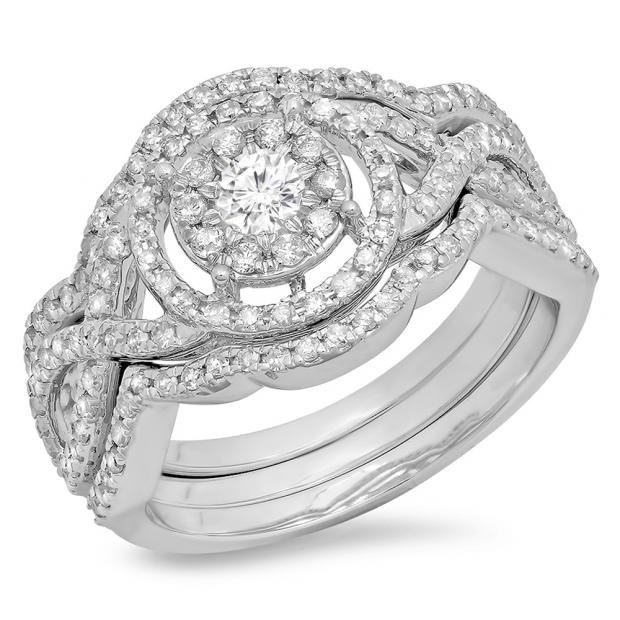 0.90 Carat (Ctw) 18K White Gold Round Cut White Diamond Ladies Swirl Bridal Split Shank Halo Engagement Ring With Matching Band Set 1 CT