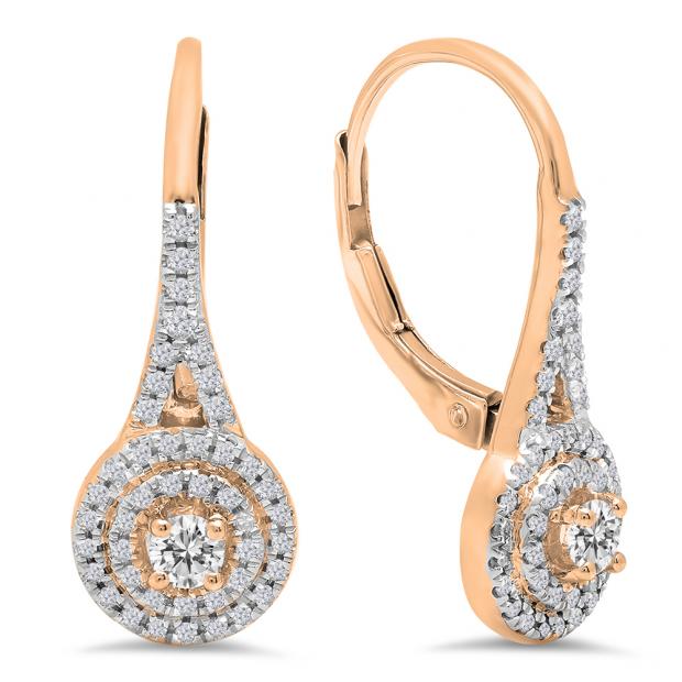 0.50 Carat (Ctw) 10K Rose Gold Round White Diamond Ladies Double Frame Halo Style Hoop Earrings 1/2 CT