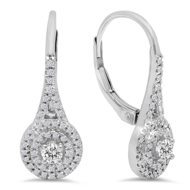 0.50 Carat (Ctw) 10K White Gold Round White Diamond Ladies Double Frame Halo Style Hoop Earrings 1/2 CT