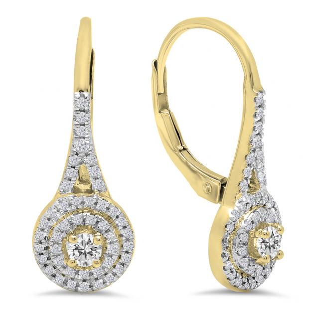 0.50 Carat (Ctw) 10K Yellow Gold Round White Diamond Ladies Double Frame Halo Style Hoop Earrings 1/2 CT