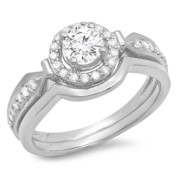 0.75 Carat (Ctw) 10K White Gold Round Diamond Ladies Bridal Engagement Halo Ring With Matching Band Set 3/4 CT