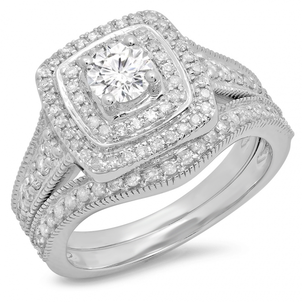 1.10 Carat (ctw) 10K White Gold Round Cut White Diamond Ladies Bridal Halo Engagement Ring With Matching Band Set