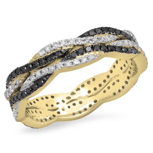 0.75 Carat (Ctw) 10K Yellow Gold Round Cut White & Black Diamond Ladies Bridal Stackable Swirl Anniversary Wedding Band 3/4 CT