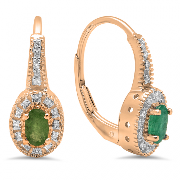 0.60 Carat (Ctw) 10K Rose Gold Oval Cut Emerald & Round Cut White Diamond Ladies Halo Style Milgrain Hoop Earrings
