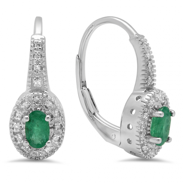 0.60 Carat (Ctw) 14K White Gold Oval Cut Emerald & Round Cut White Diamond Ladies Halo Style Milgrain Hoop Earrings