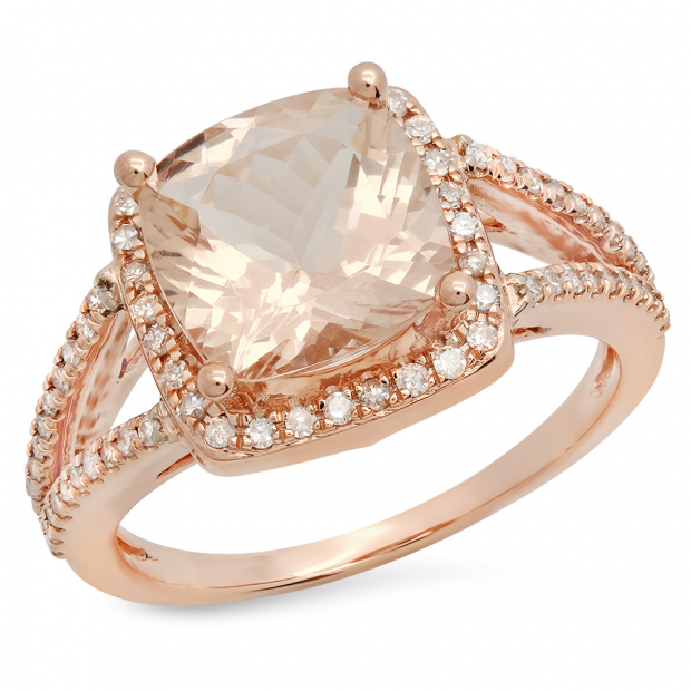 9mm Cushion Morganite & Round White Diamond Halo Split Shank Engagement Ring for Women in 10K Rose Gold