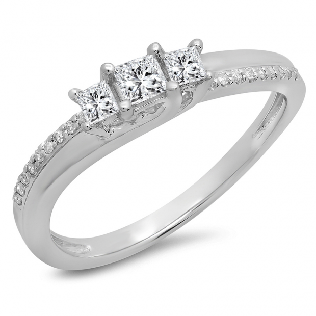 0.35 Carat (ctw) 18K White Gold Princess & Round White Diamond Ladies Bridal 3 Stone Swirl Wave Engagement Ring