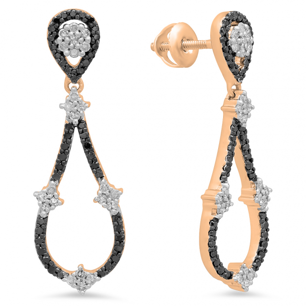 0.55 Carat (ctw) 10K Rose Gold Round Black & White Diamond Ladies Dangling Drop Earrings