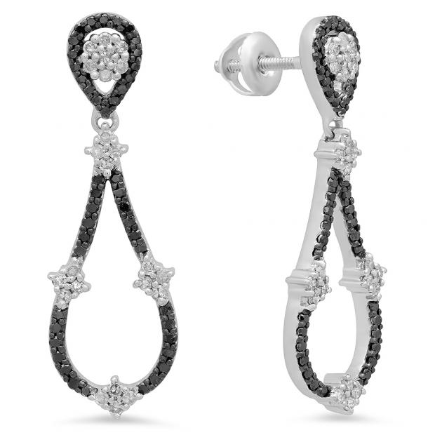 0.55 Carat (ctw) 10K White Gold Round Black & White Diamond Ladies Dangling Drop Earrings