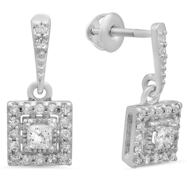 0.45 Carat (ctw) 10K White Gold Princess & Round Cut White Diamond Ladies Dangling Earrings 1/2 CT